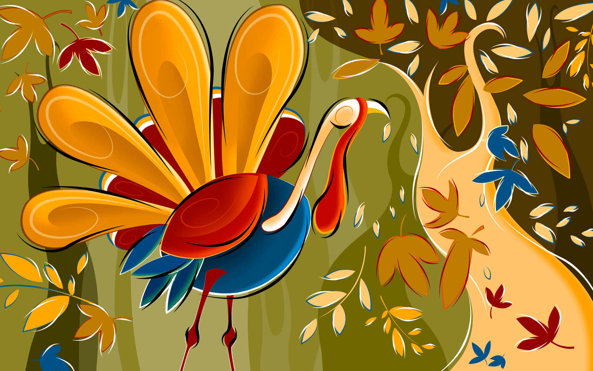 Cartoon Thanksgiving Turkey With Falling Leaves Background