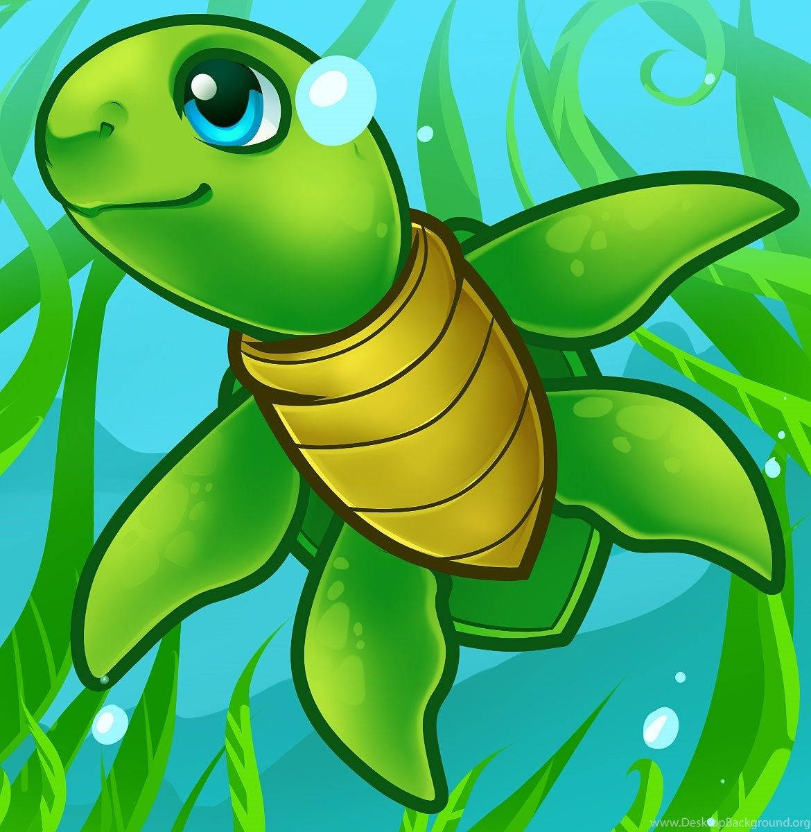 Cartoon Turtle With Seaweeds Background
