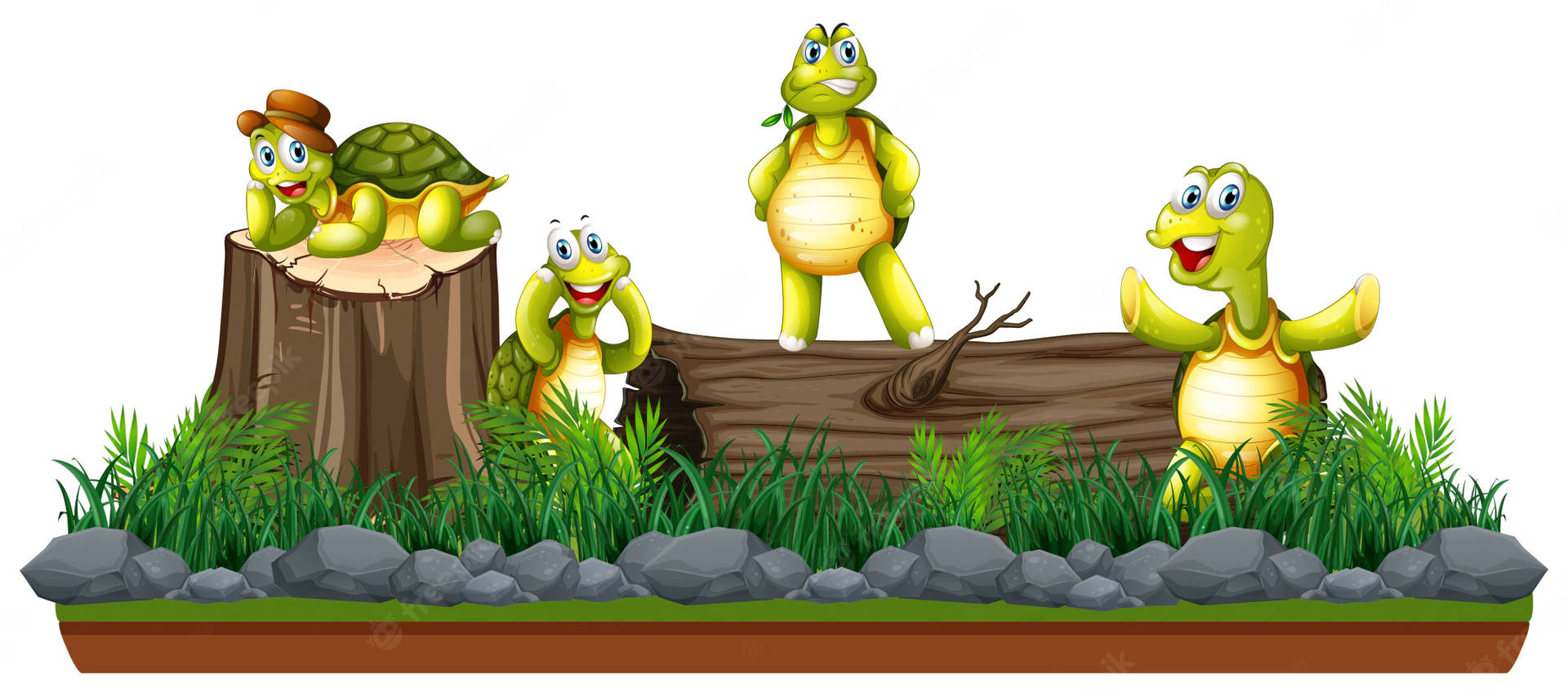 Cartoon Turtles On A Log Background