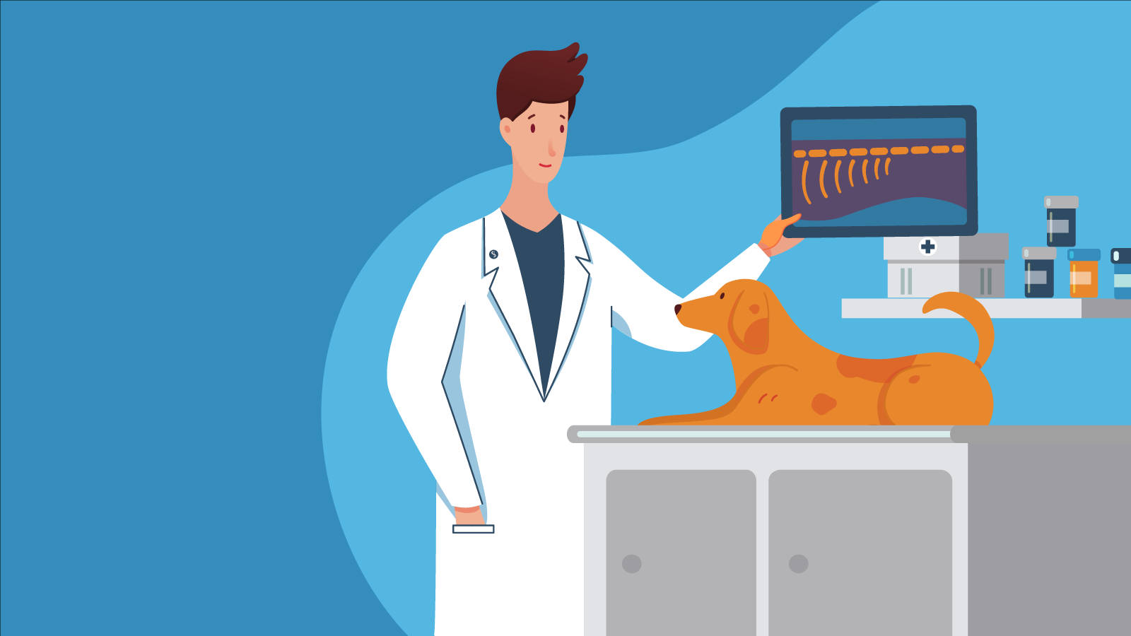 Cartoon Veterinarian Treating Golden Labrador Retriever