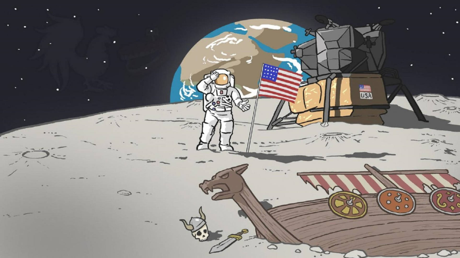 Cartoon Viking Ship And Astronaut Background