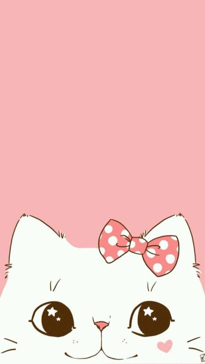 Cartoon White Cat Pink Ribbon