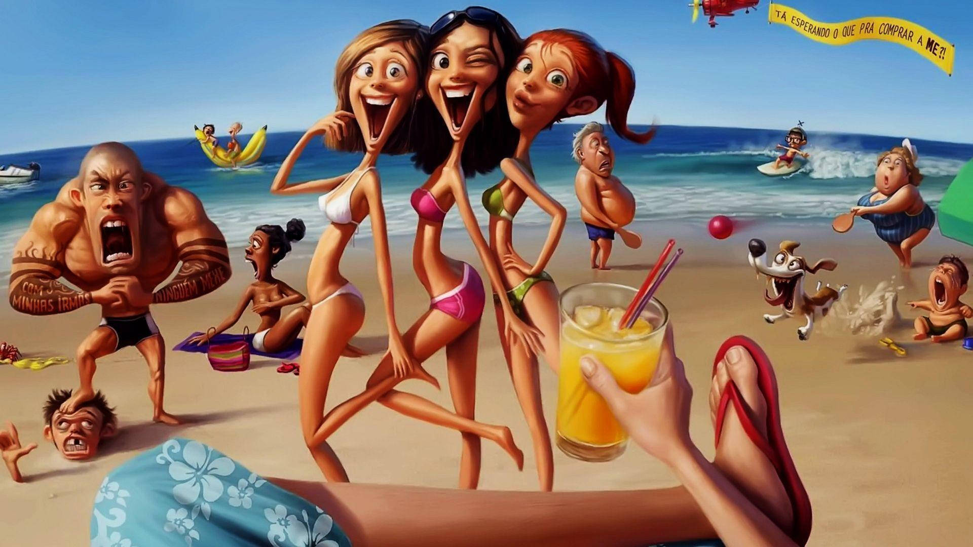 Cartoons Girls On The Beach Side Background