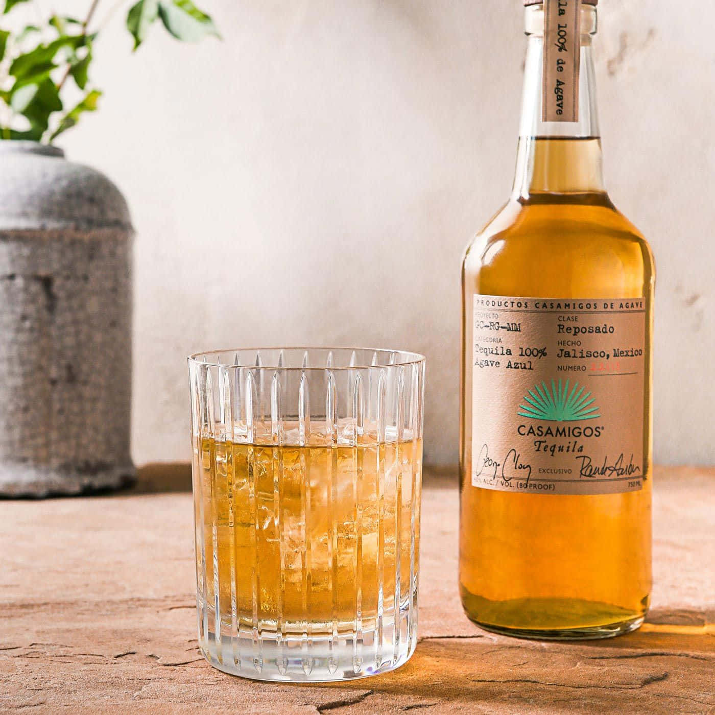 Casamigos Tequila Reposado Liquor On Glass Background