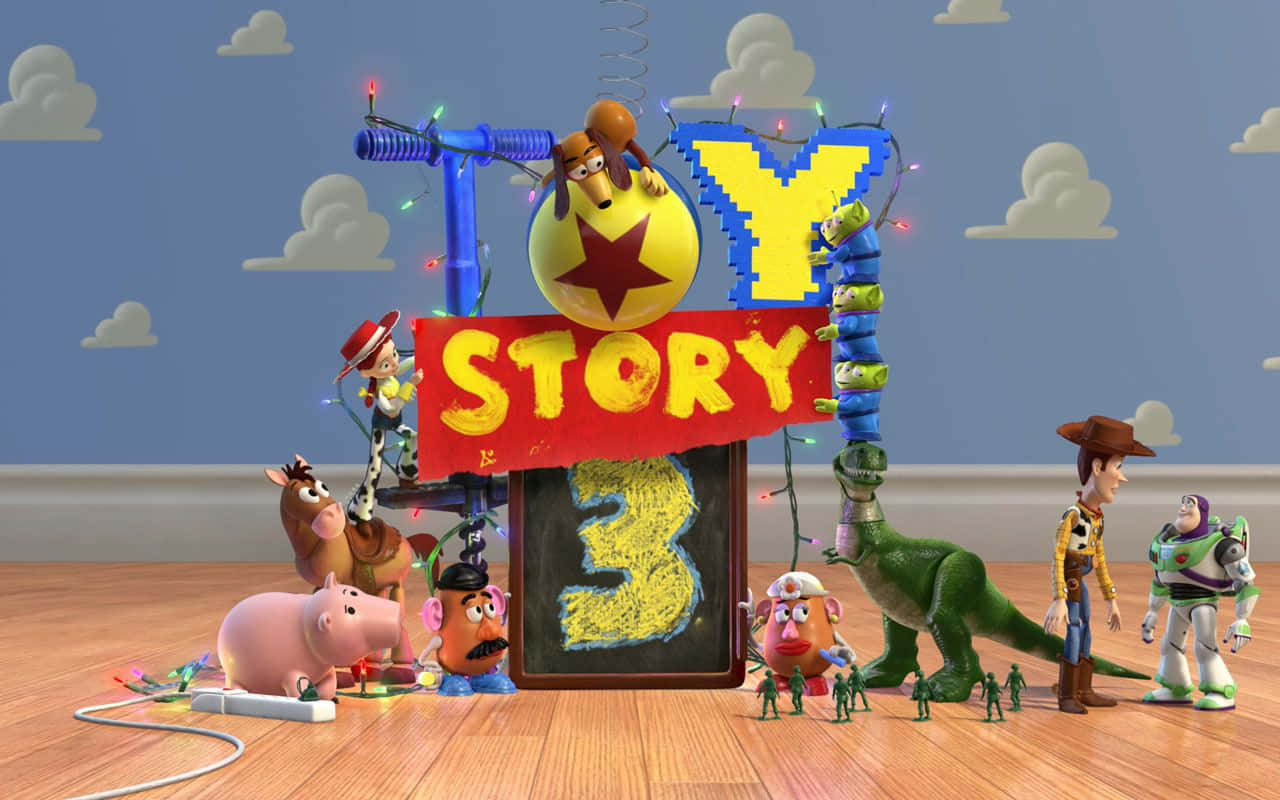 Cast With A Toy Story Cloud In The Backdrop Background