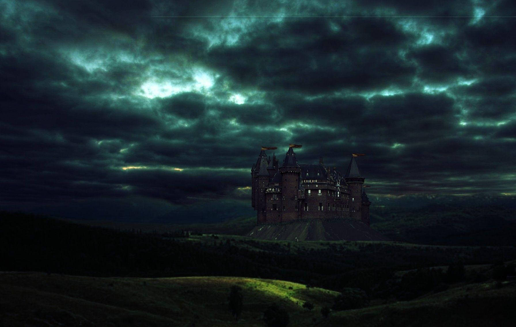 Castle Under Beautiful Dark Cloudy Sky Background