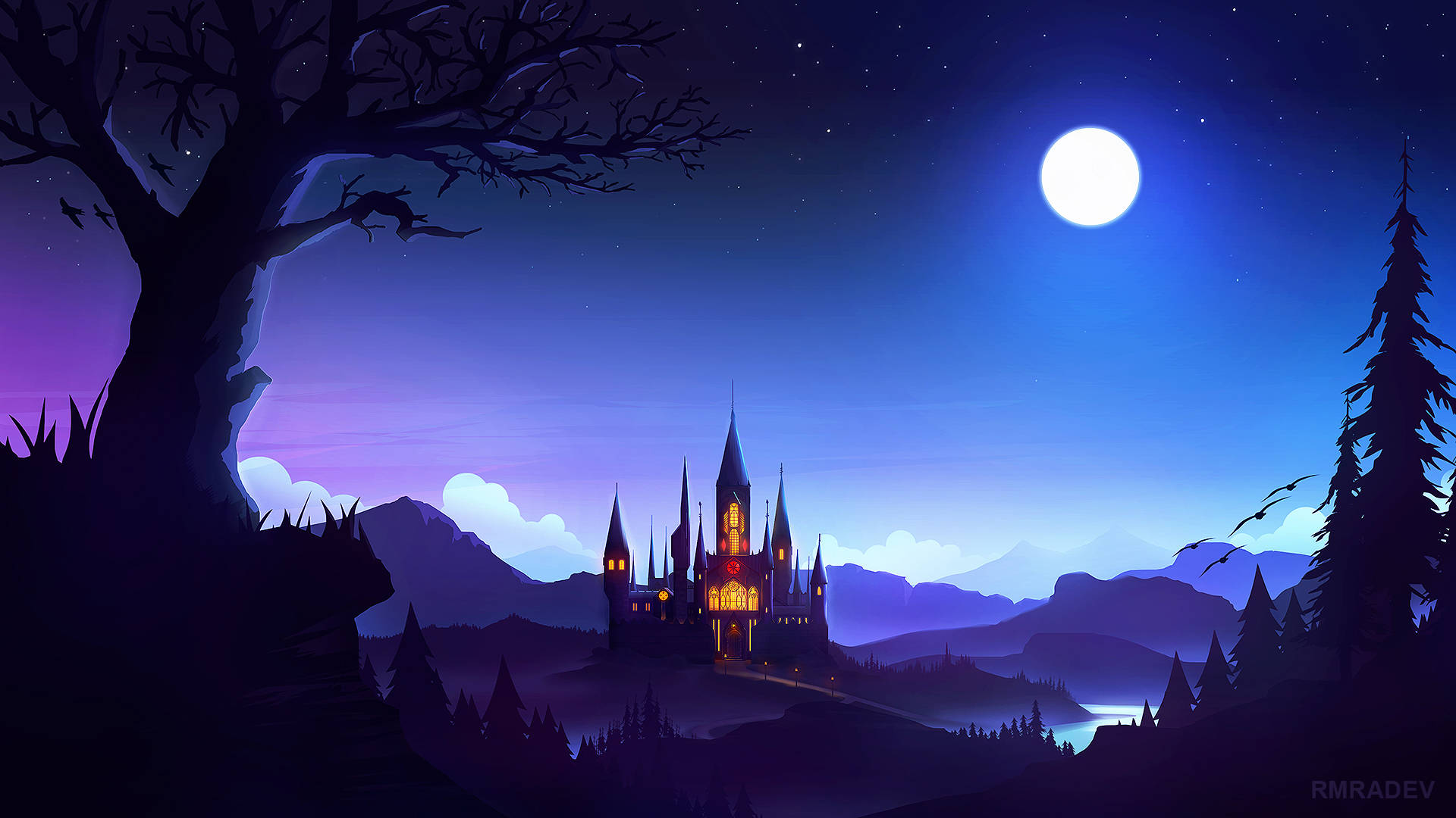 Castle Under The Moon Night Sky Background