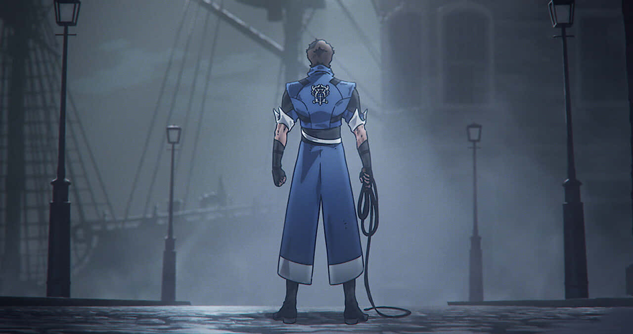 Castlevania Animated Character Standingin Foggy Street Background