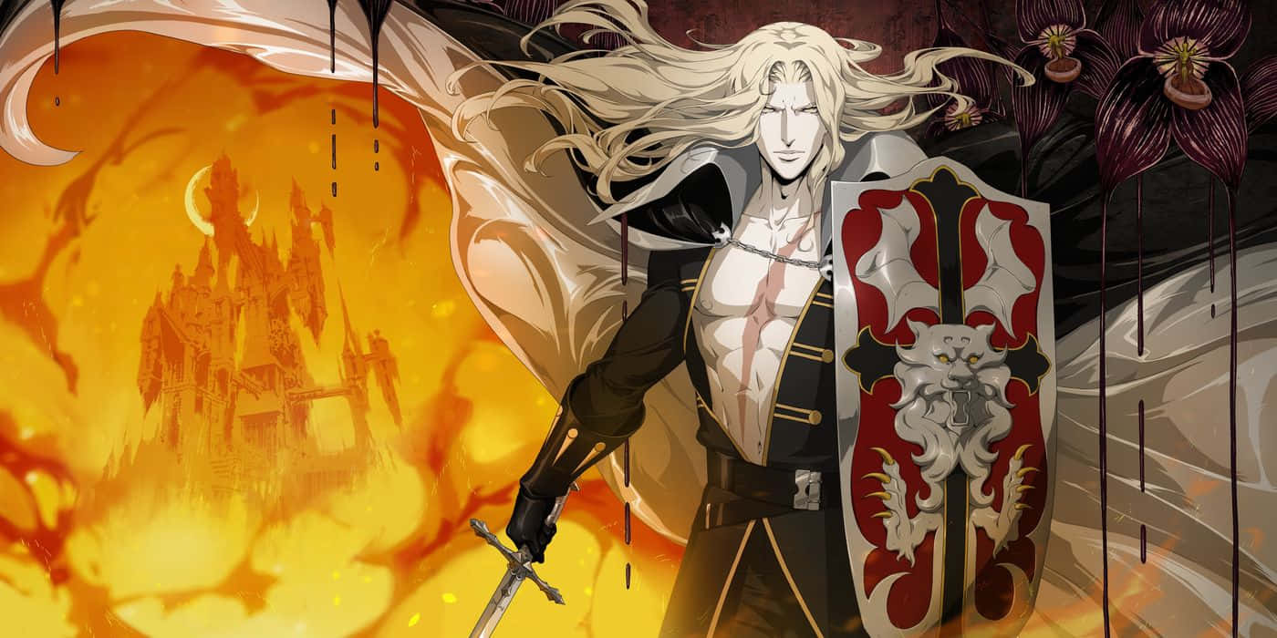 Castlevania Netflix Alucard Standing With Shield Background