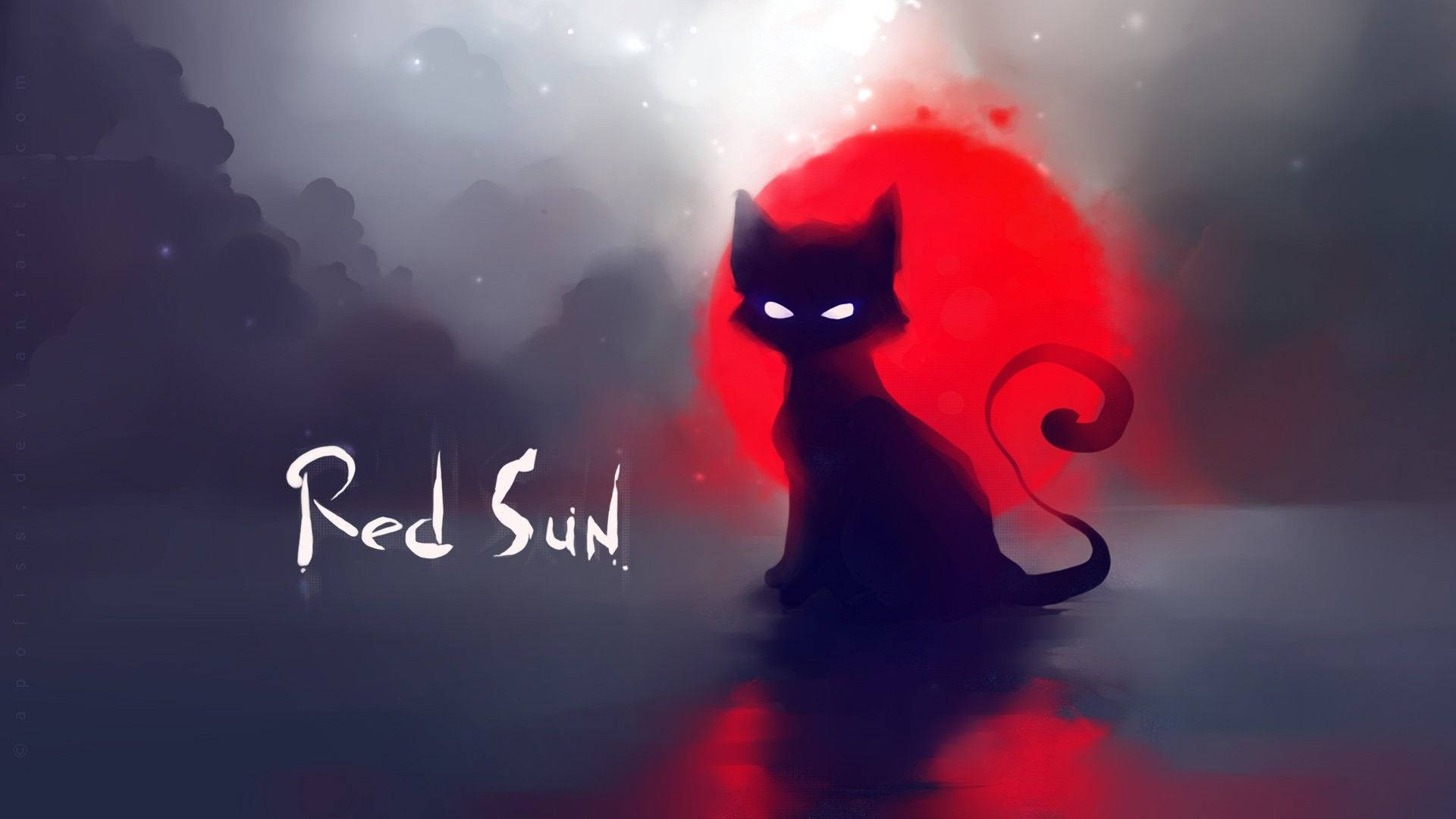 Cat Art Black Cat Red Sun Background