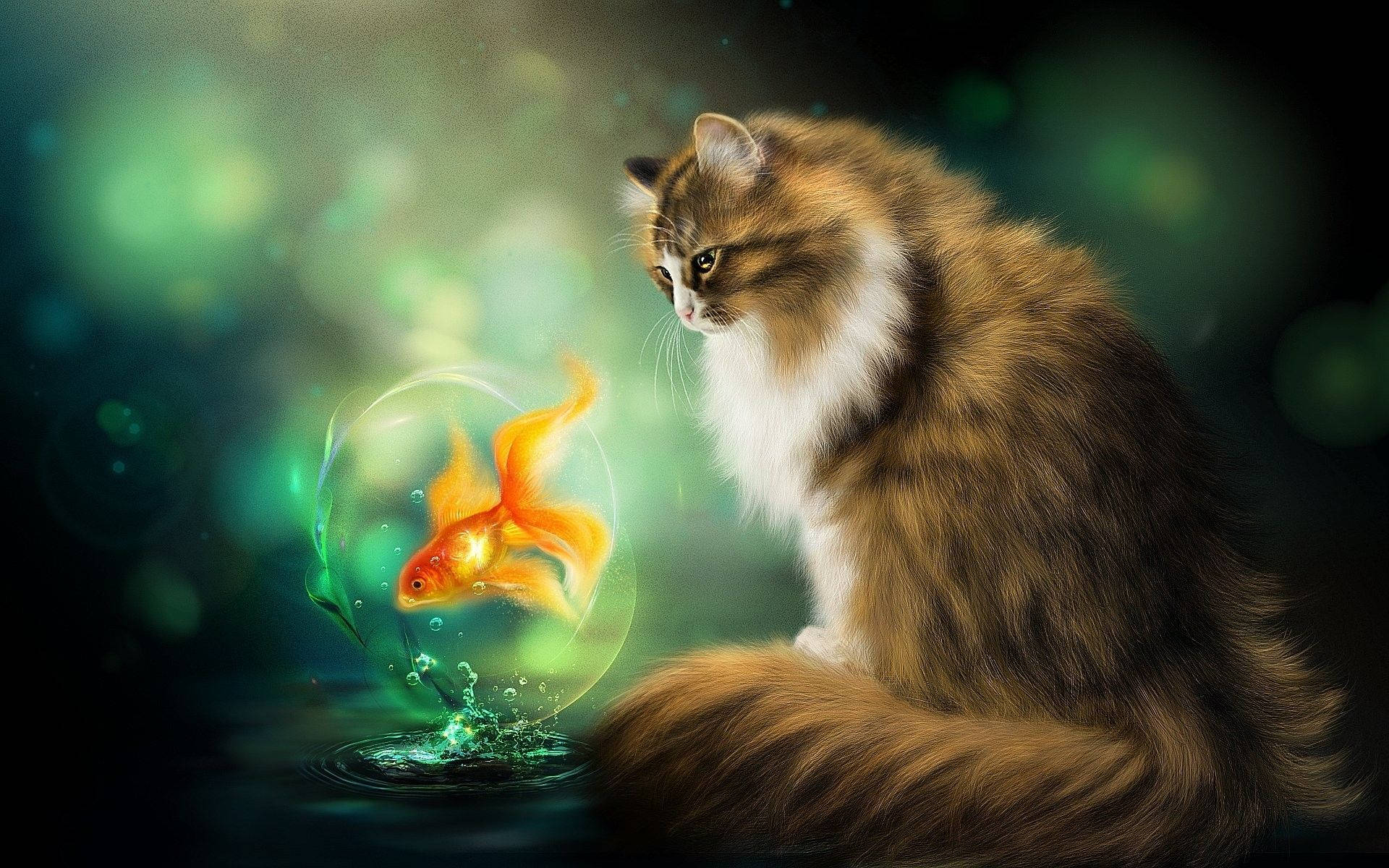 Cat Art Brown Cat Goldfish