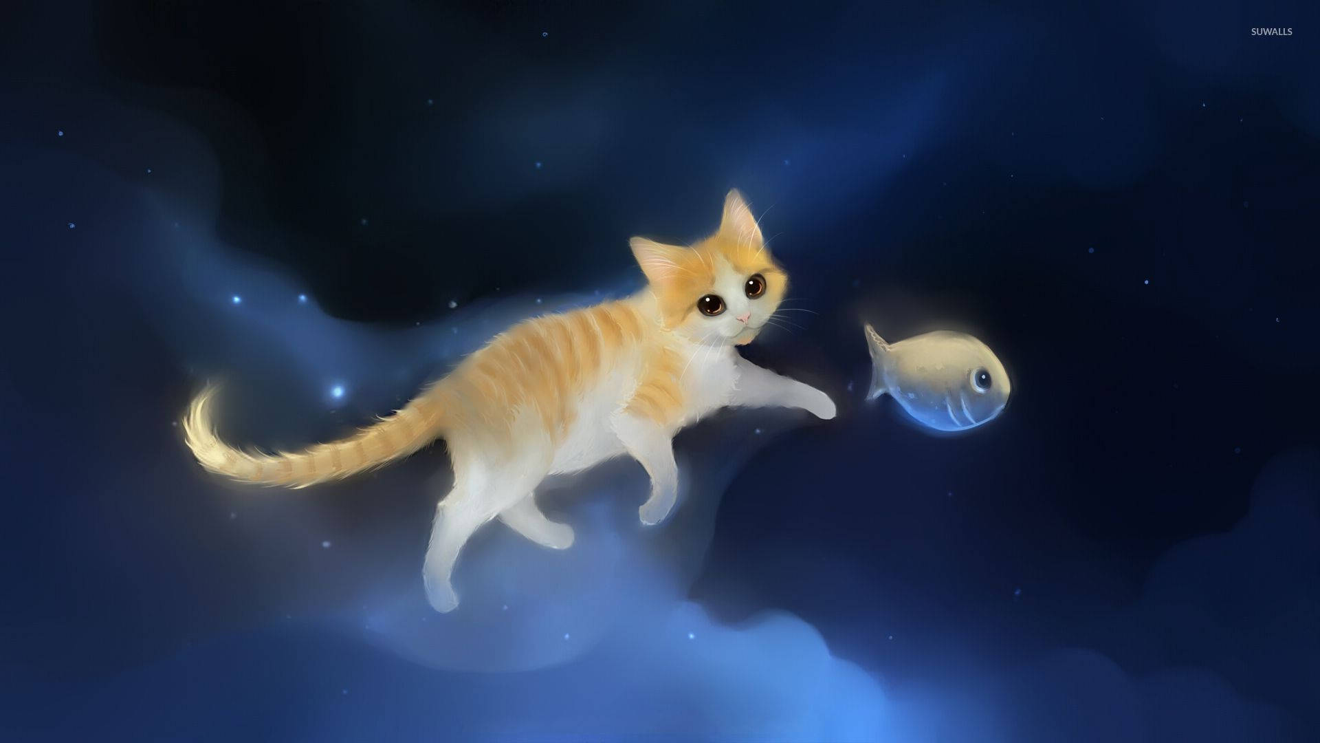 Cat Art Floating Cat And Fish Background