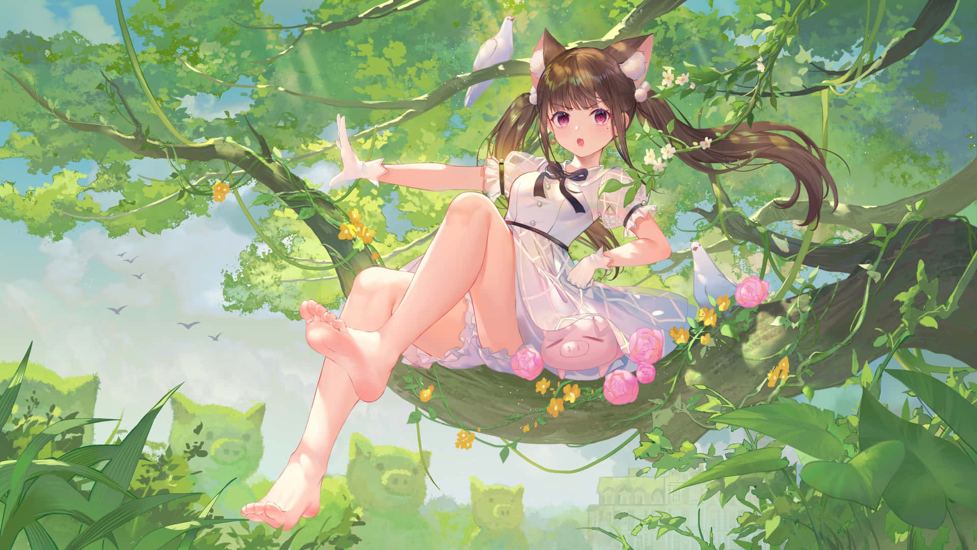 Cat Girl With Barefoot Sole On Tree Background