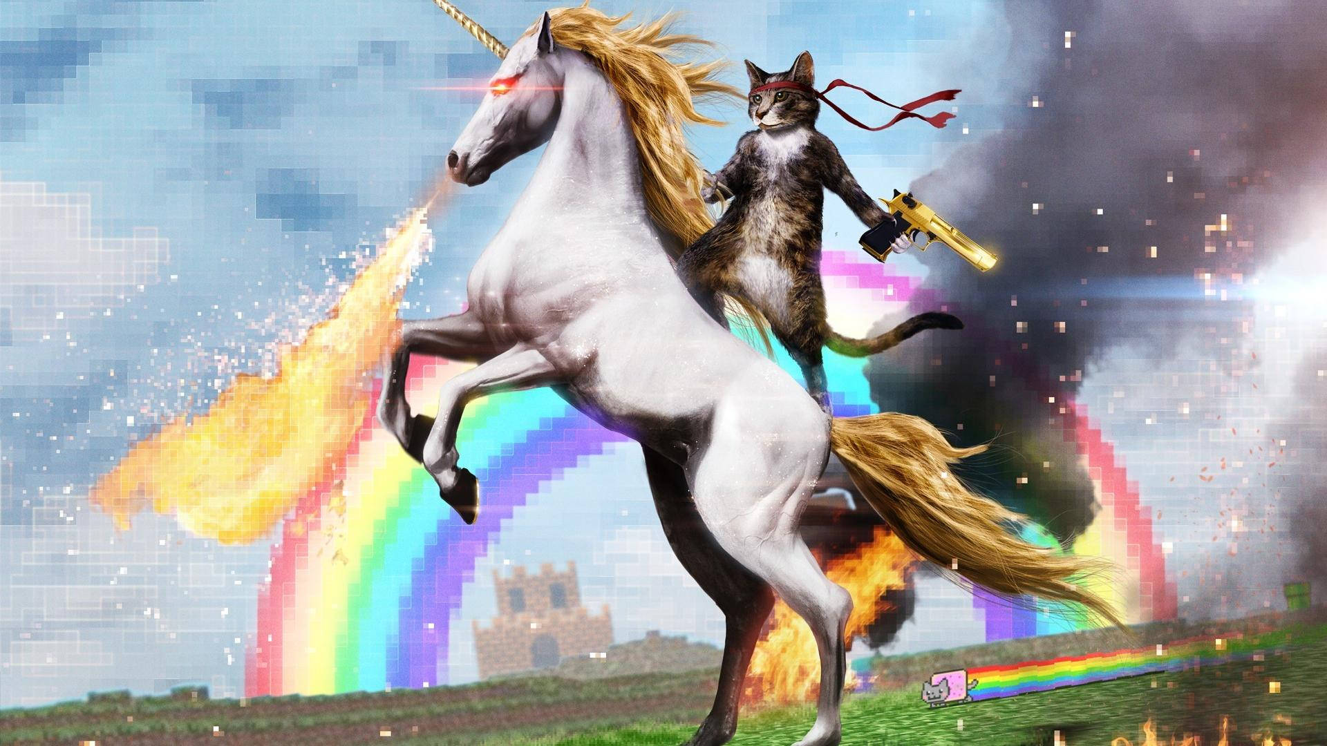 Cat On Unicorn Funny Meme Background
