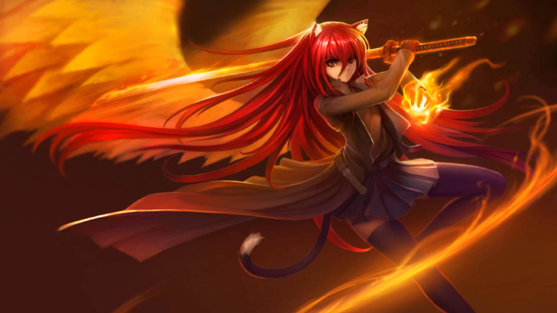 Cat Warrior Girl With Fire Wings Background