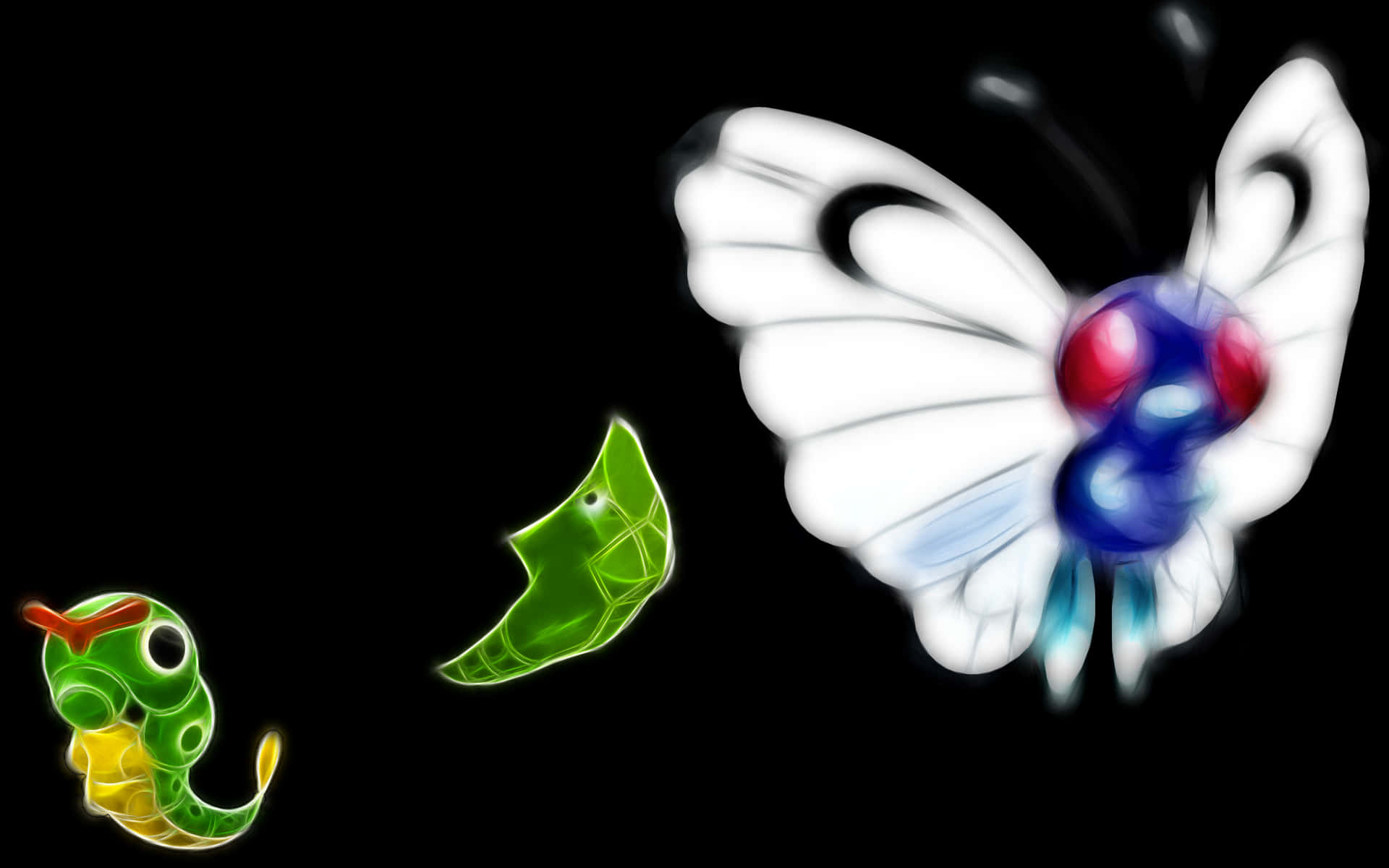 Caterpie, Metapod, And Butterfree With Black Backdrop Background
