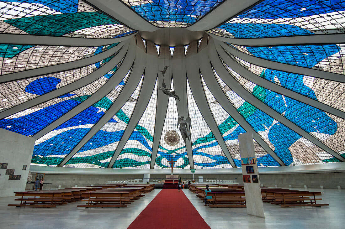 Cathedral Of Brasilia Wooden Benches Background
