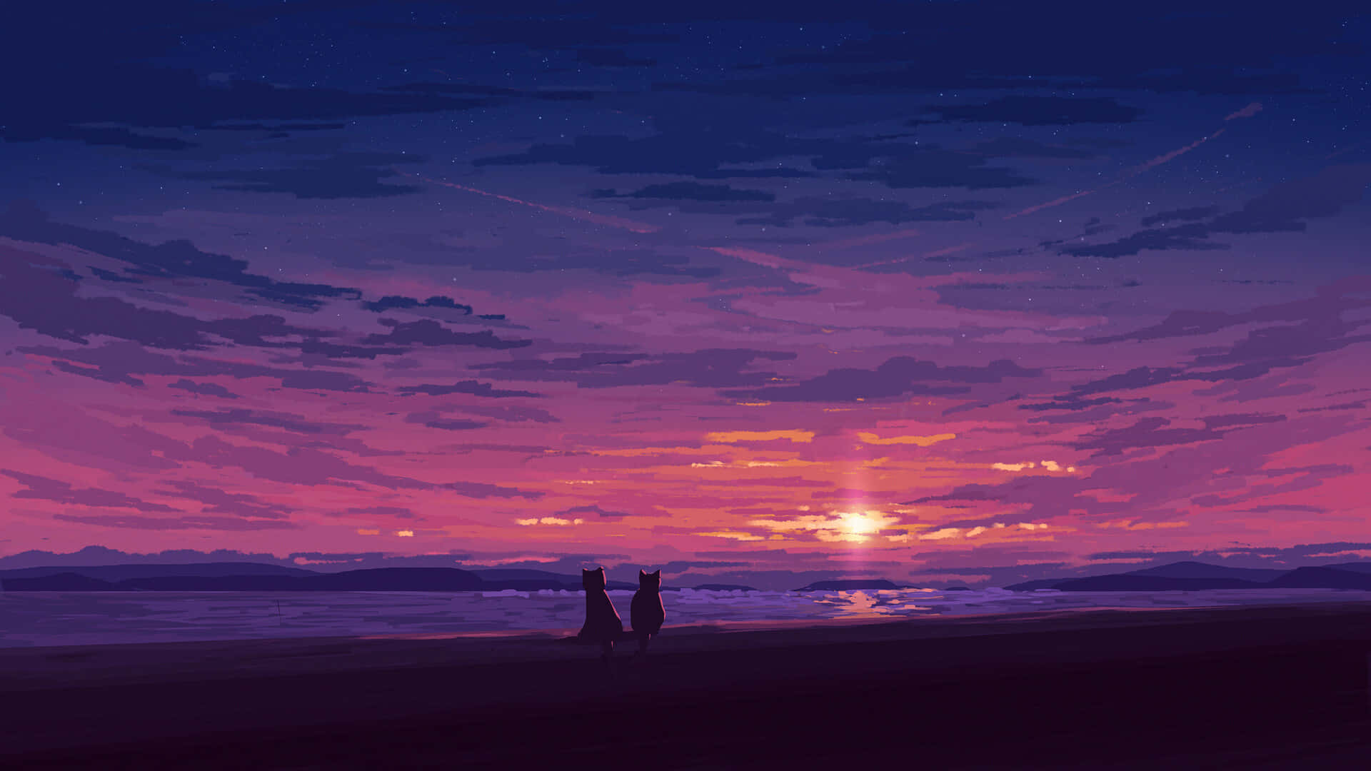 Cats Standing Lateral To Each Other While Watching The Sunset Background