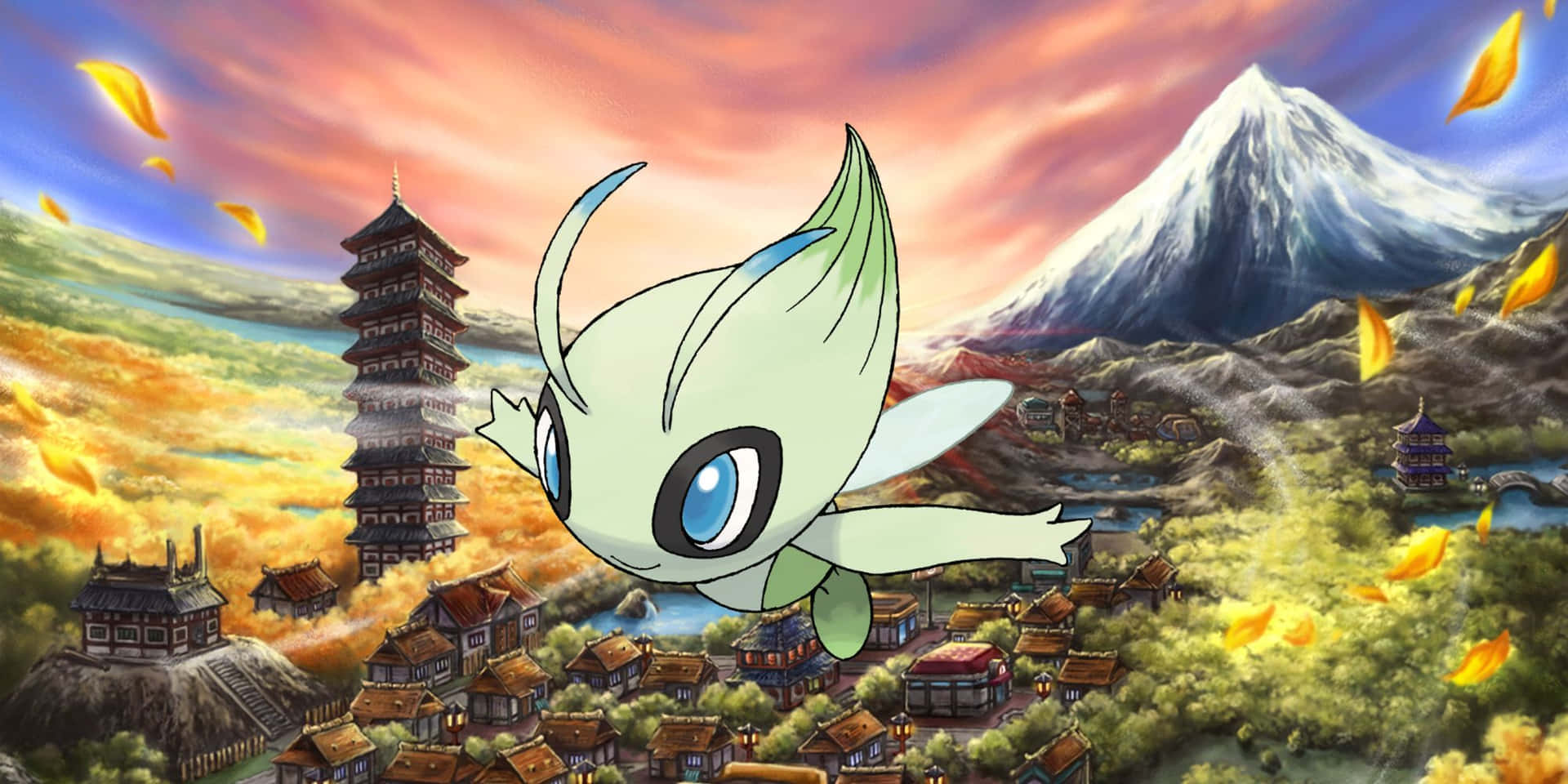 Celebi Flying Over Ancient Village Background