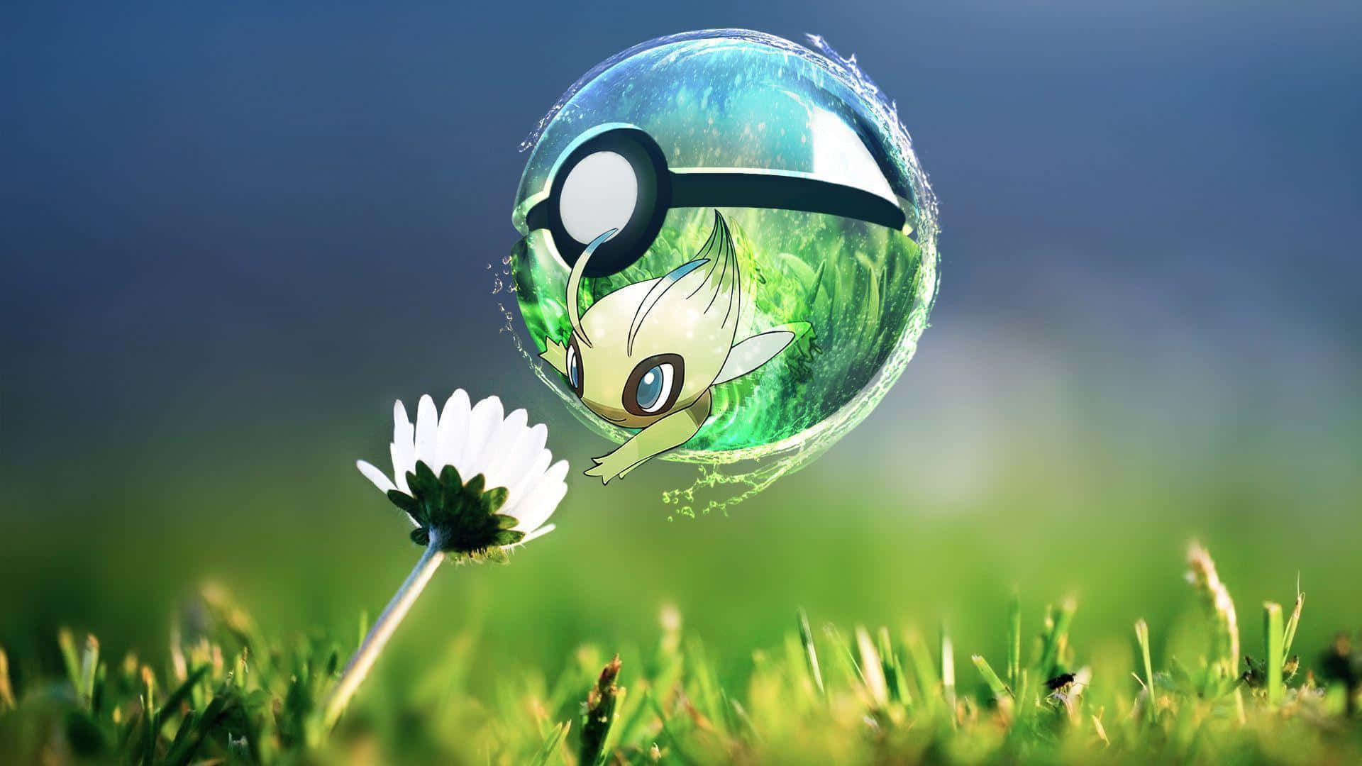 Celebi Pokemonin Pokeballwith Flower Background