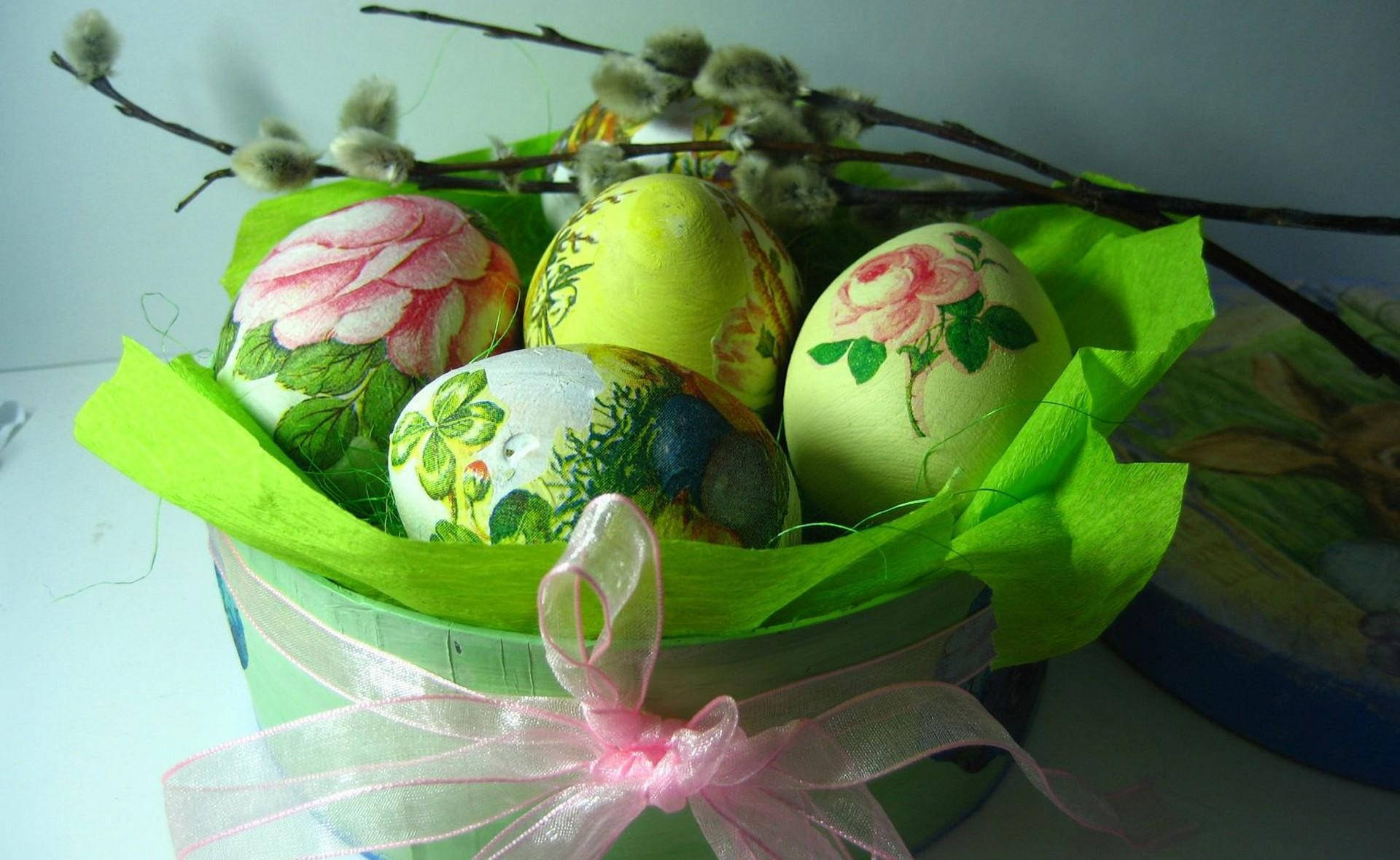 Celebrate Easter With Deliciously Decorated Eggs In A Green Gift Box Background