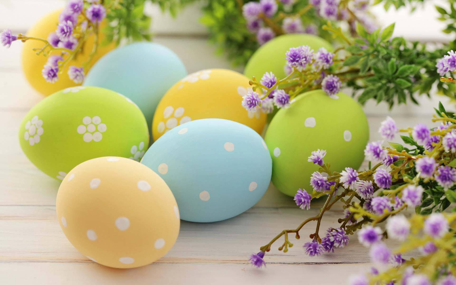 Celebrate The Easter Season With Beautiful Purple Flowers And Festive Eggs! Background