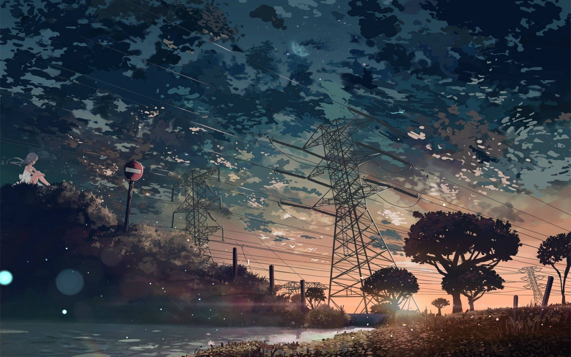 Cell Tower On A Field Aesthetic Anime Scenery Background