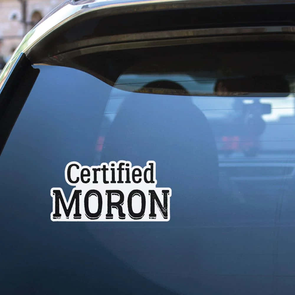 Certified Moron Sticker On Car's Back Window Background