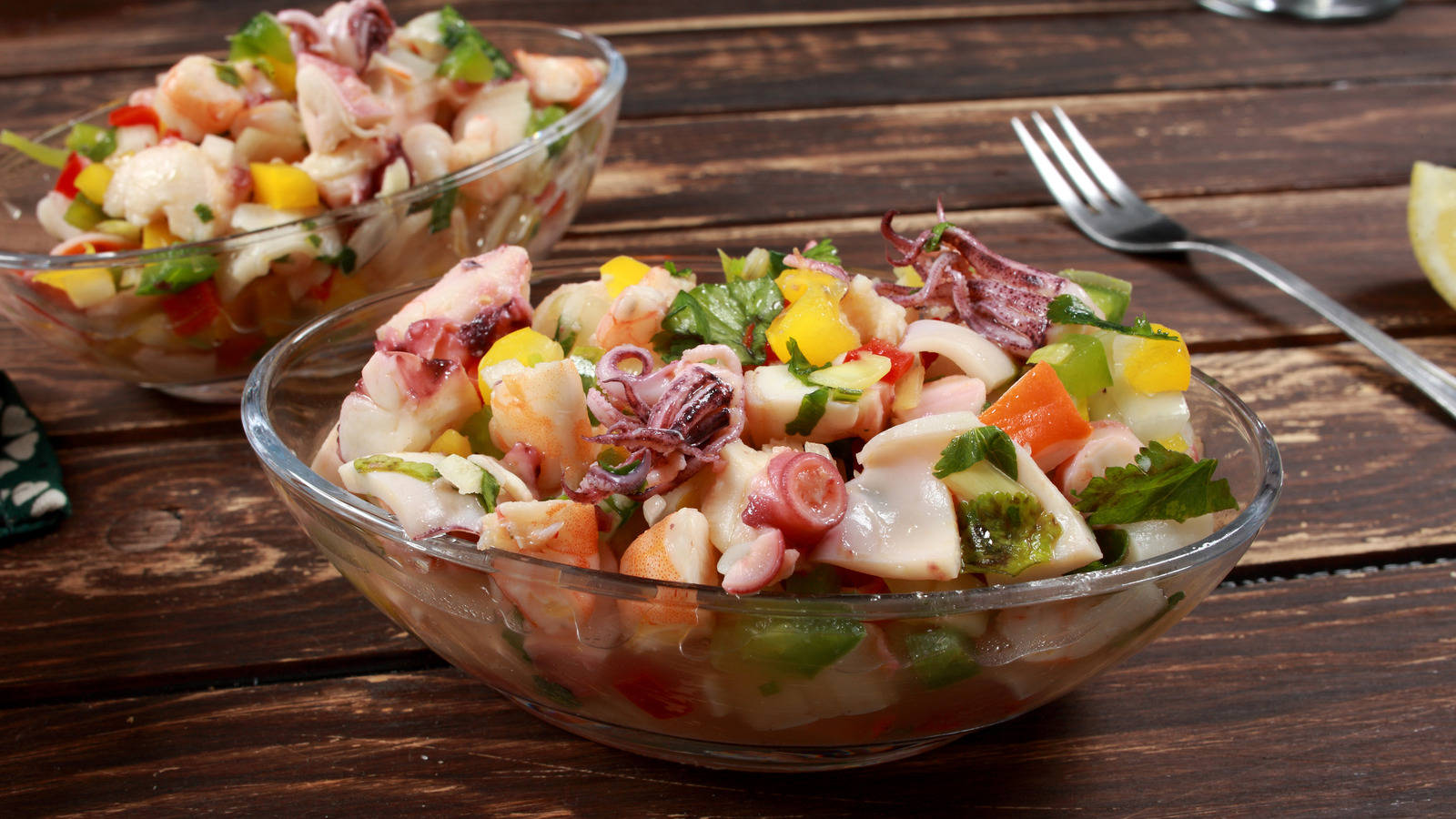 Ceviche Boat Bowls On Wooden Table Background