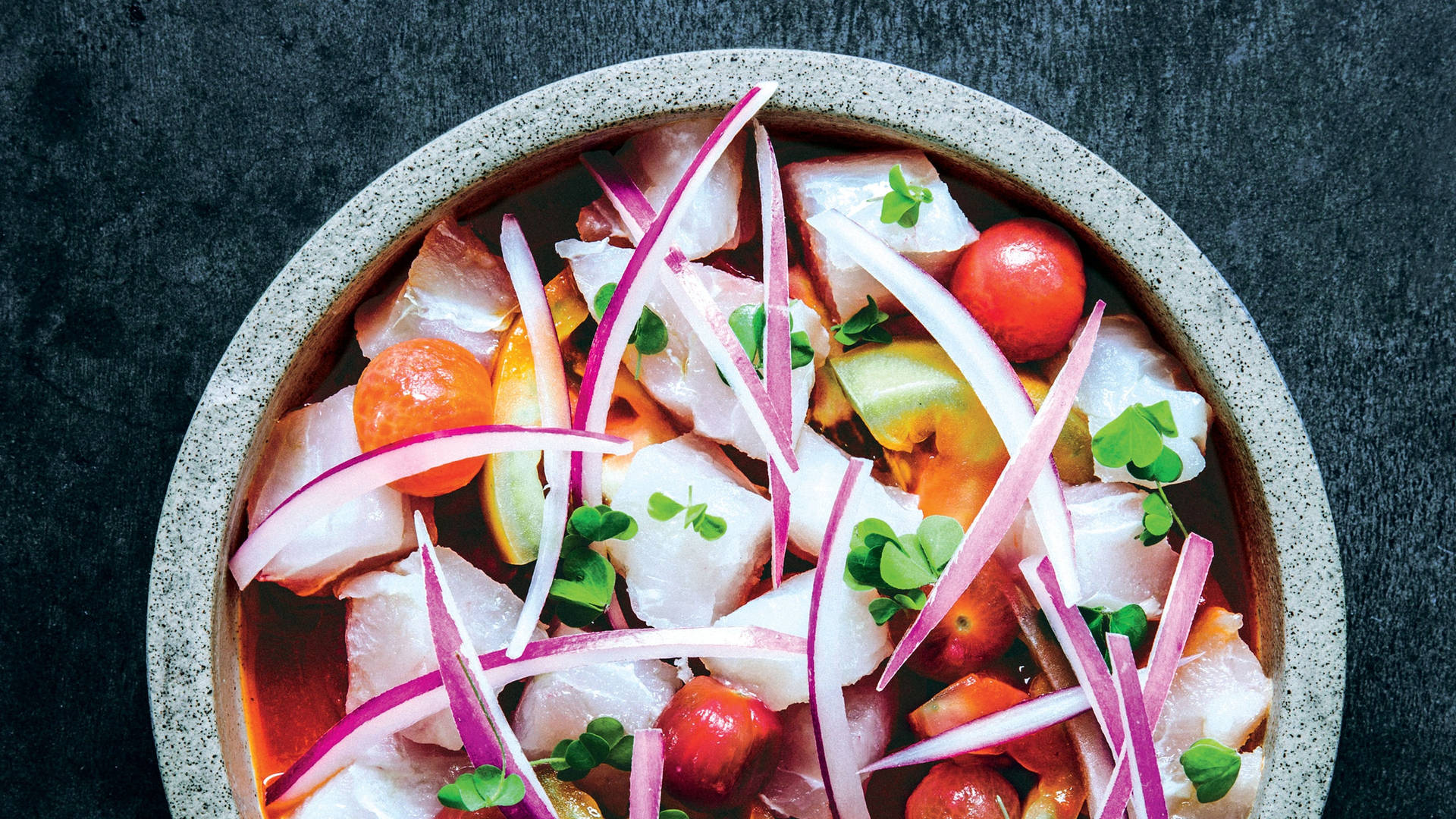 Ceviche Cubed Ingredients On Stone Bowl Background