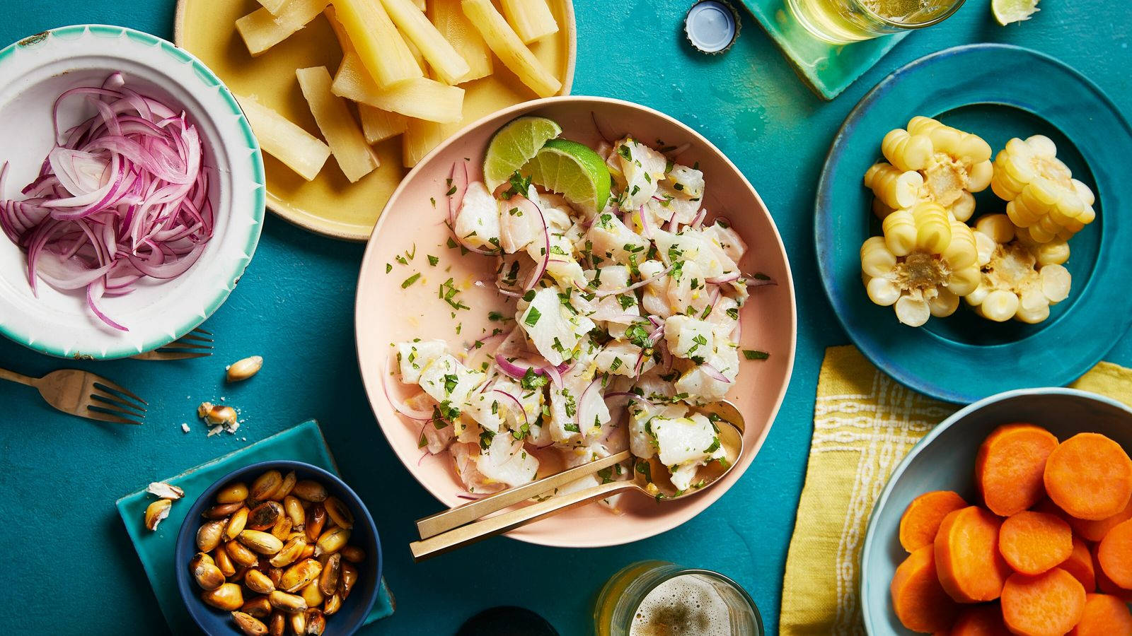 Ceviche Dish Ingredients In Plates Background