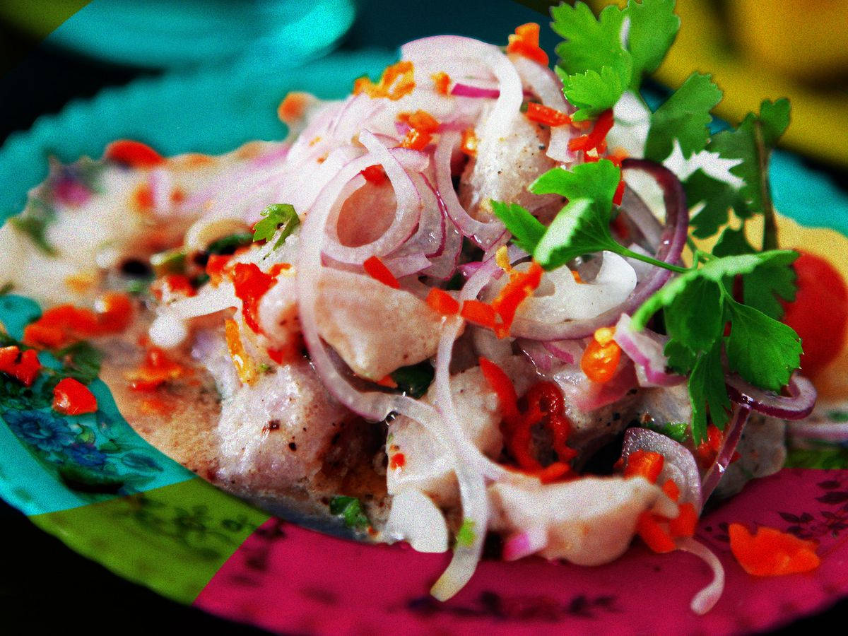 Ceviche Dish On Colorful Plate Background