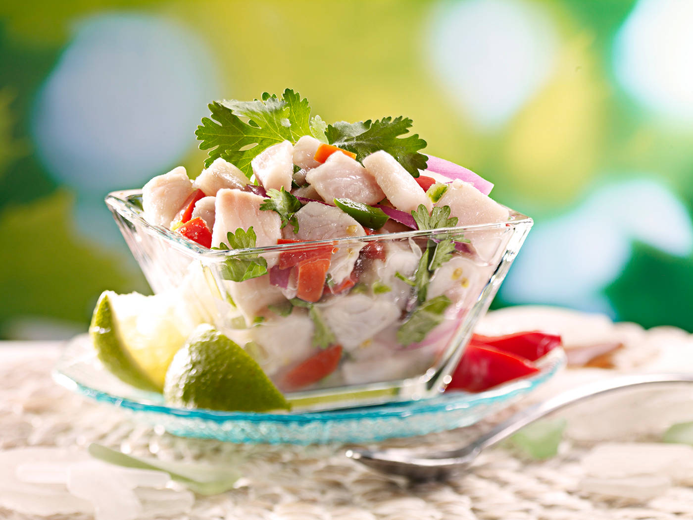 Ceviche Dish On Square Glass Bowl Background