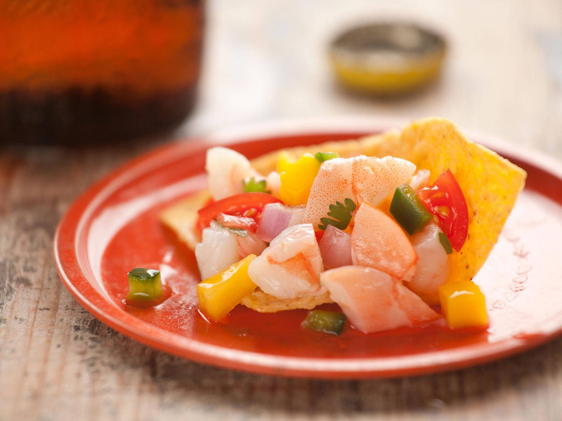 Ceviche Tostadas In Red Plate Background