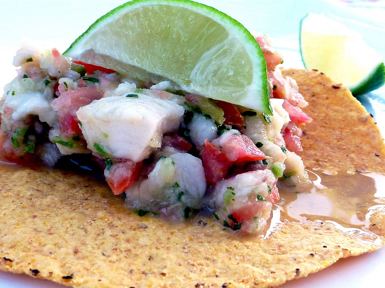 Ceviche Tostadas With Large Slice Of Lime Background