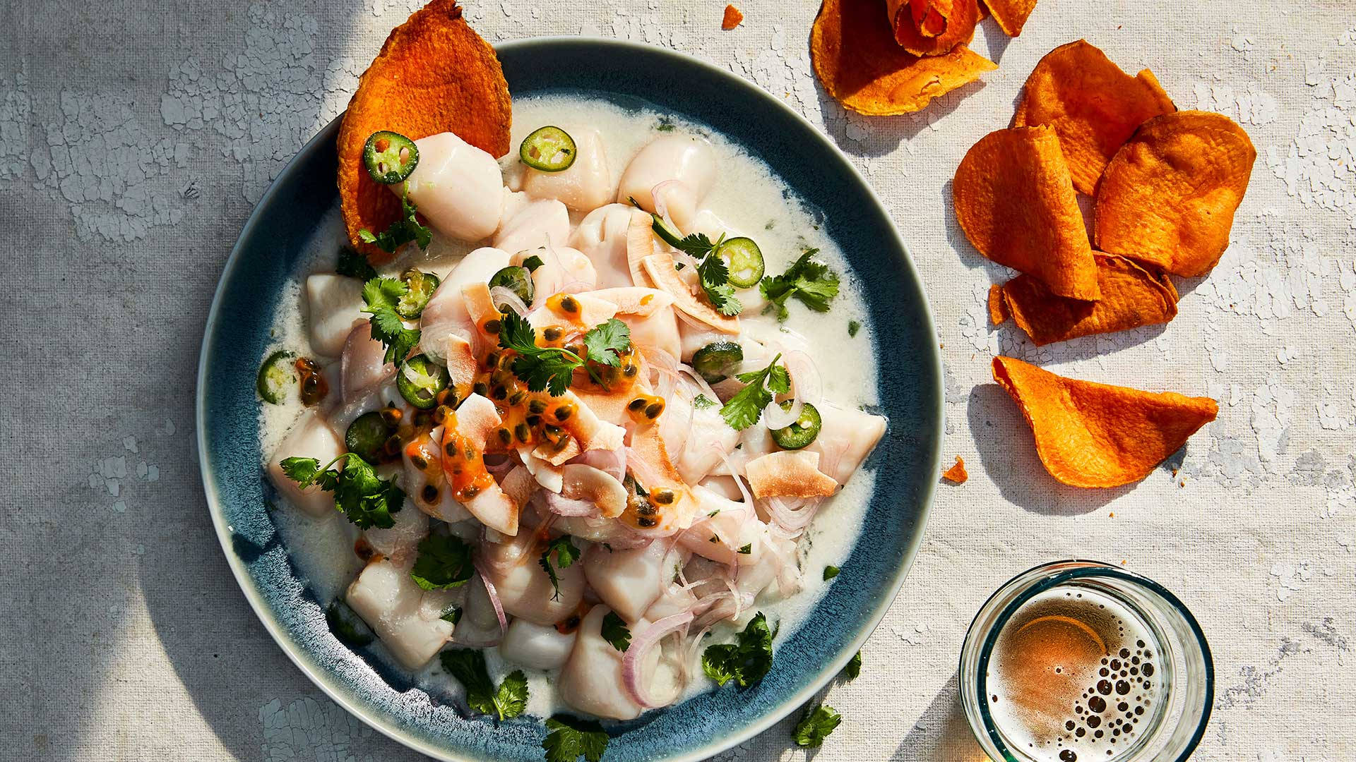 Ceviche With Green Chilies And Chips Background