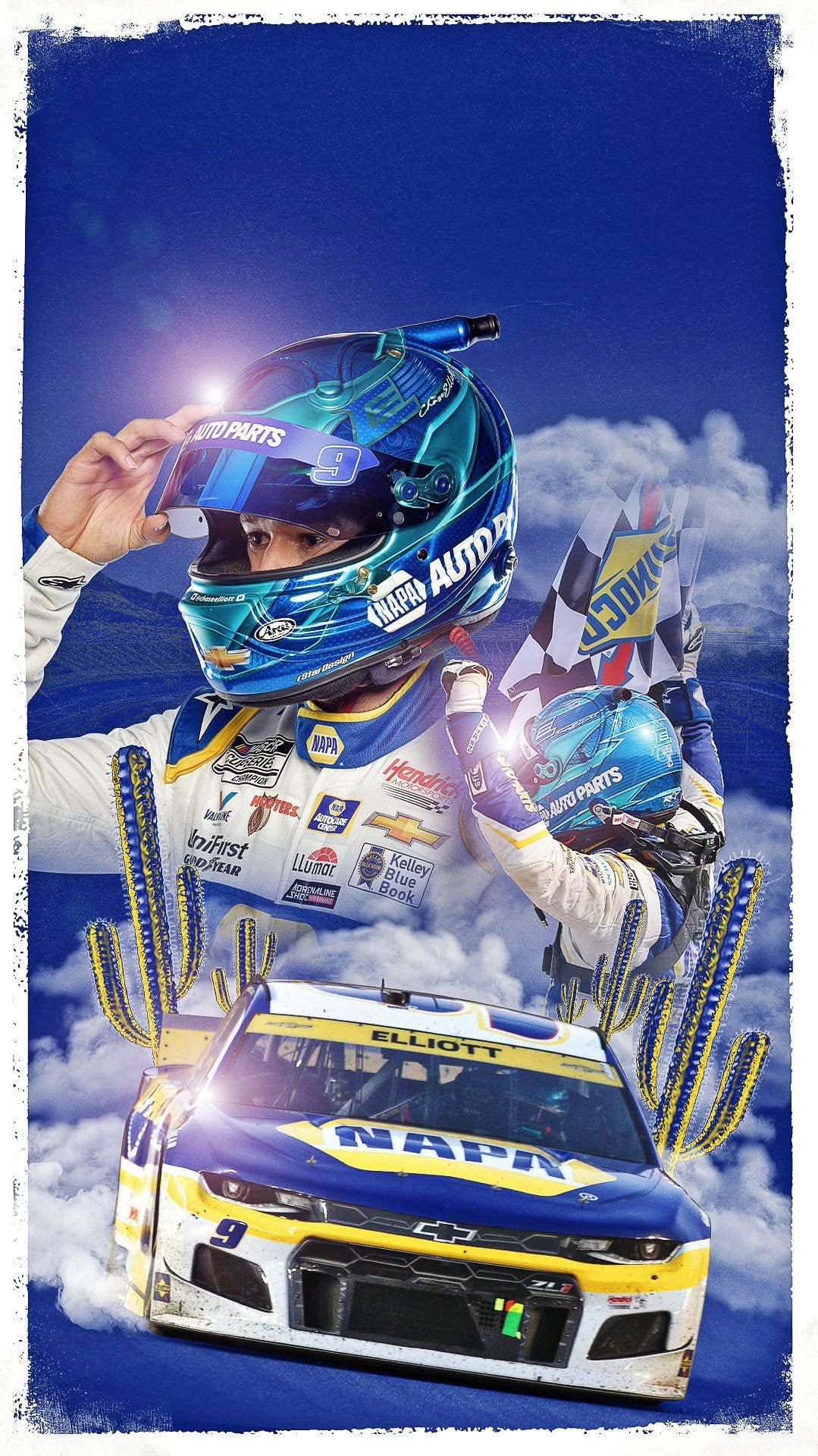 Champion Nascar Driver Chase Elliott Holding A Blue Helmet Background