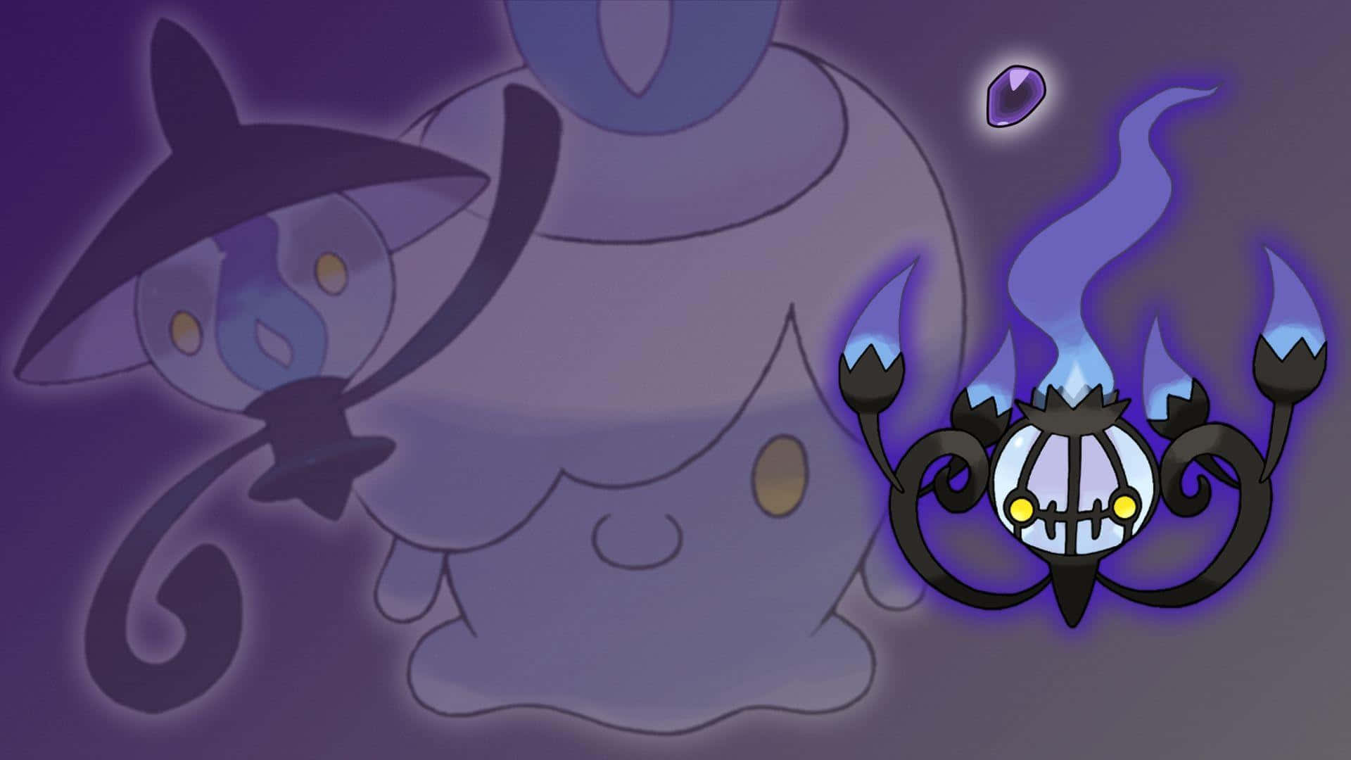 Chandelure With Silhouette Of Lampent And Litwick Background