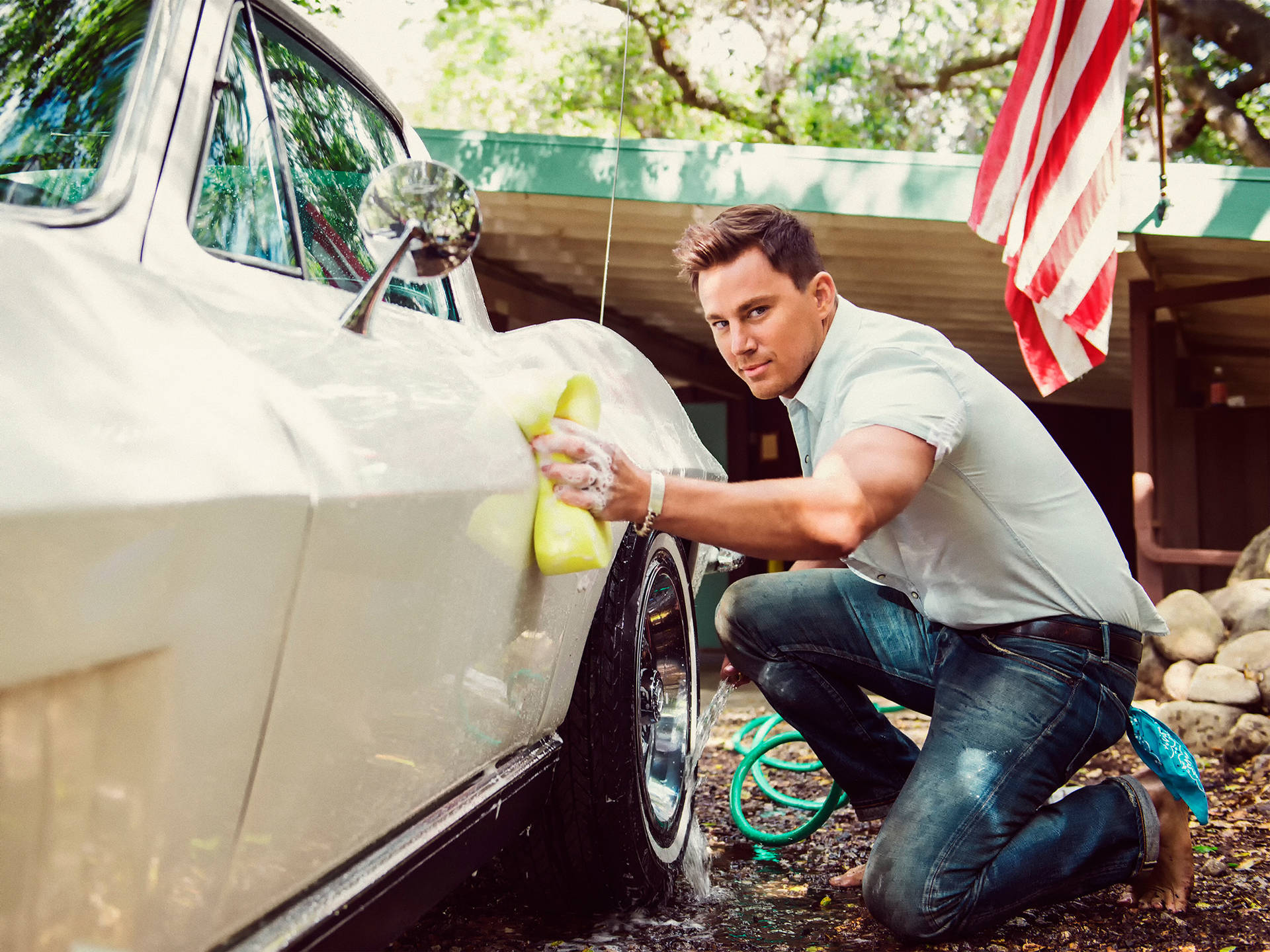 Channing Tatum With Vintage Car Background