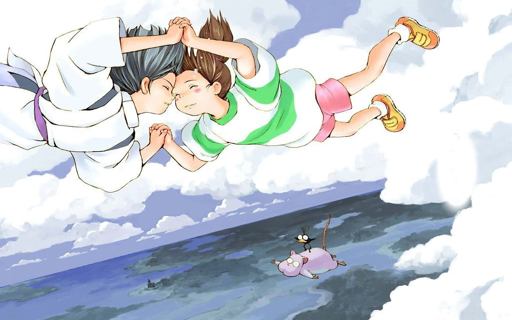 Characters Flying In Sen To Chihiro No Kamikakushi Background