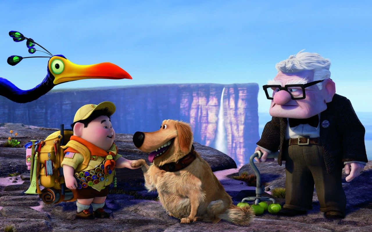 Characters From Disney Pixar's Up Movie In Paradise Falls Background