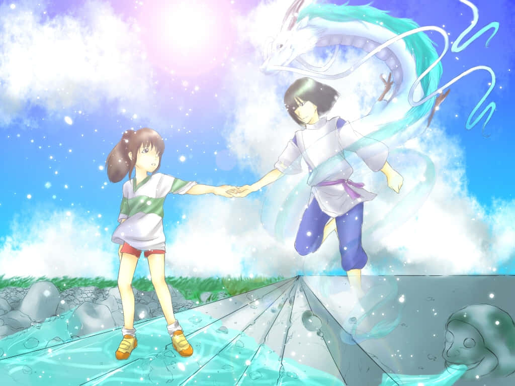 Characters Holding Hands In Sen To Chihiro No Kamikakushi Background