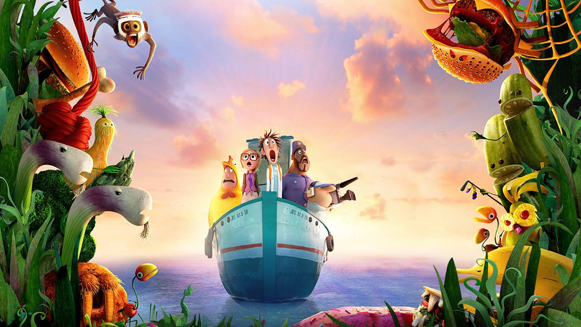 Characters Riding A Ship Cloudy With A Chance Of Meatballs 2 Background