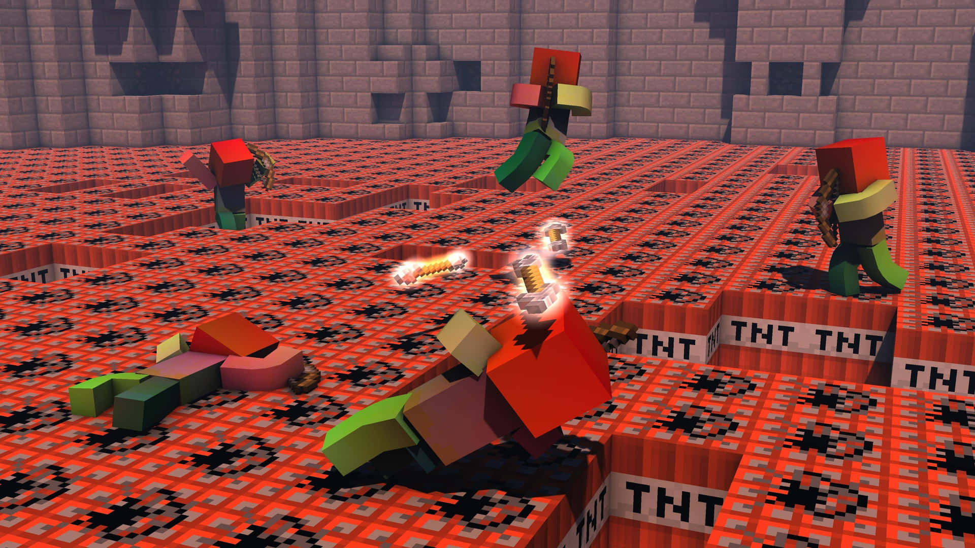 Characters Walking On Minecraft Tnt Background