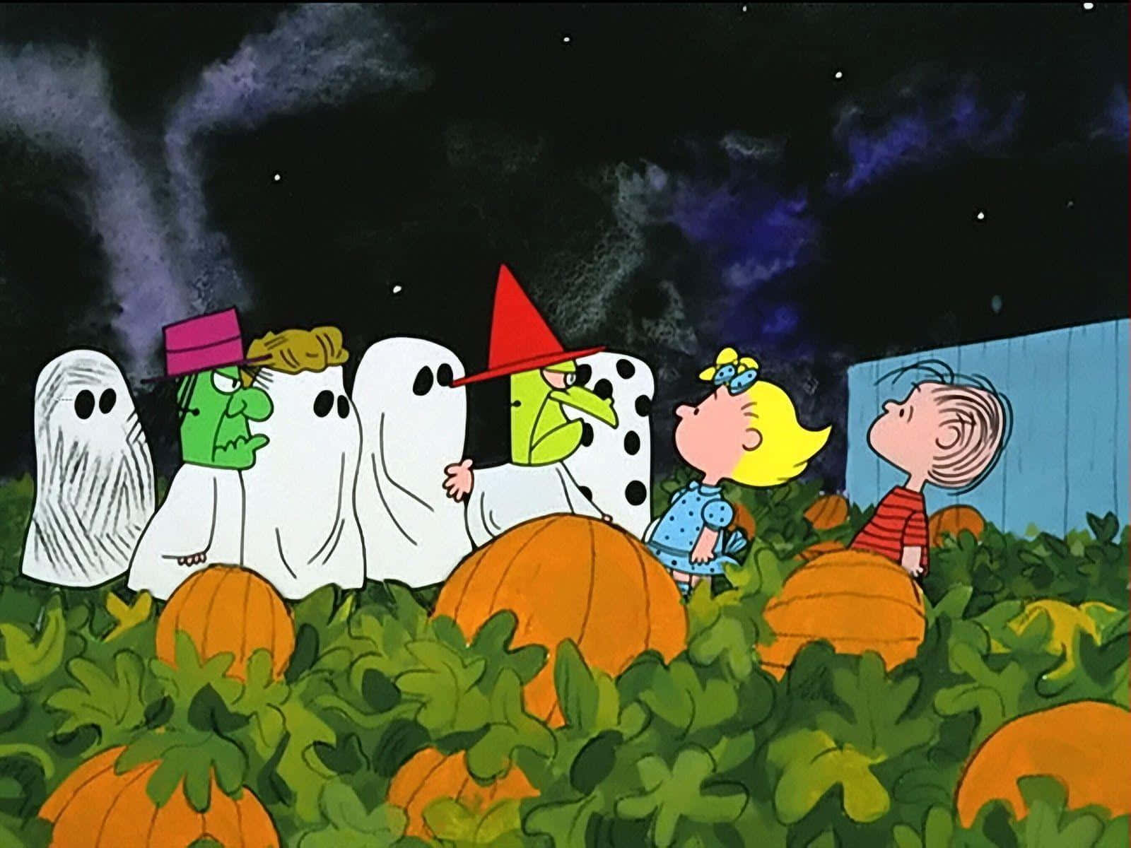 Charlie Brown And His Friends Are In A Pumpkin Patch Background