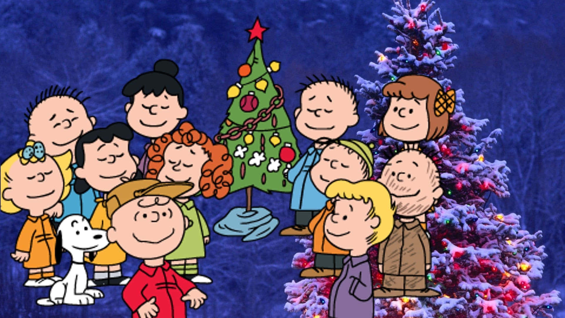 Charlie Brown And The Gang Enjoying A Christmas Eve Complete With A Tree And Presents! Background