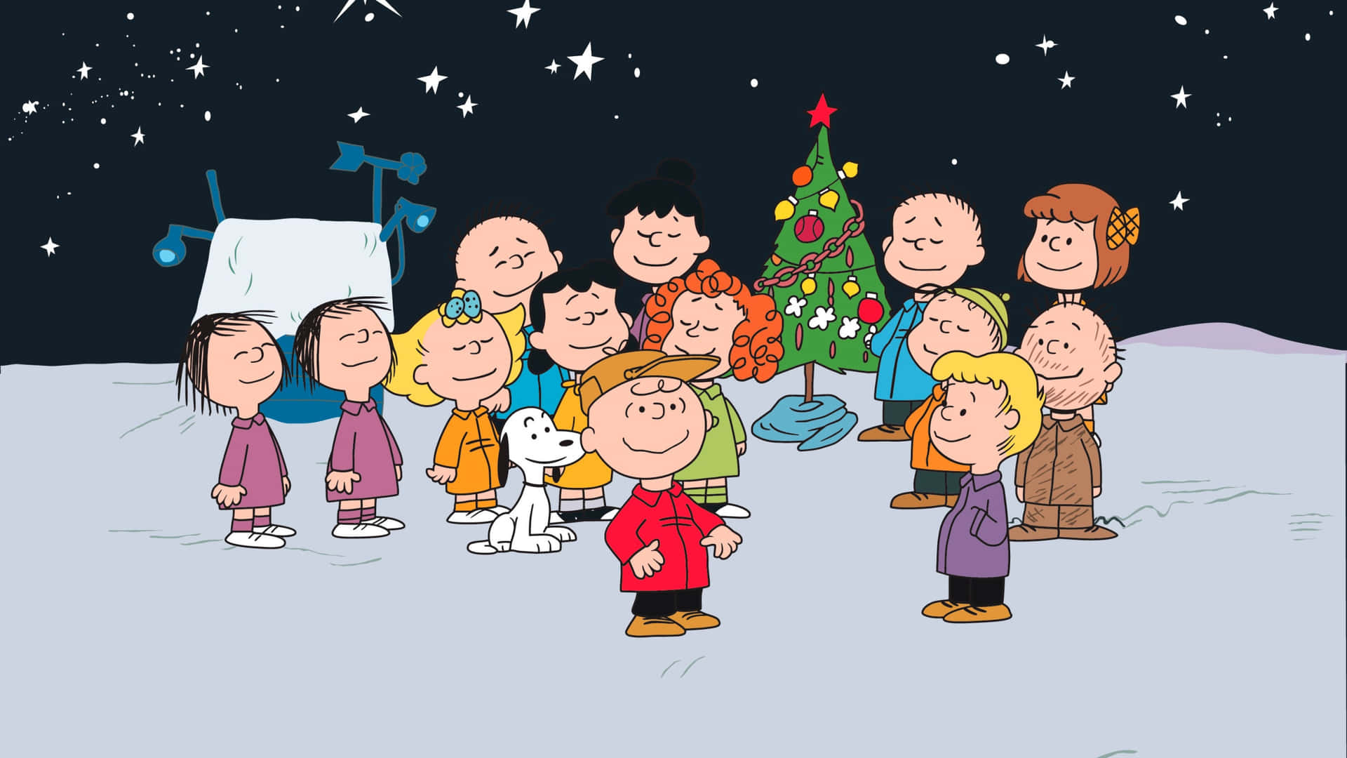 Charlie Brown Family Snowy Christmas Night Background