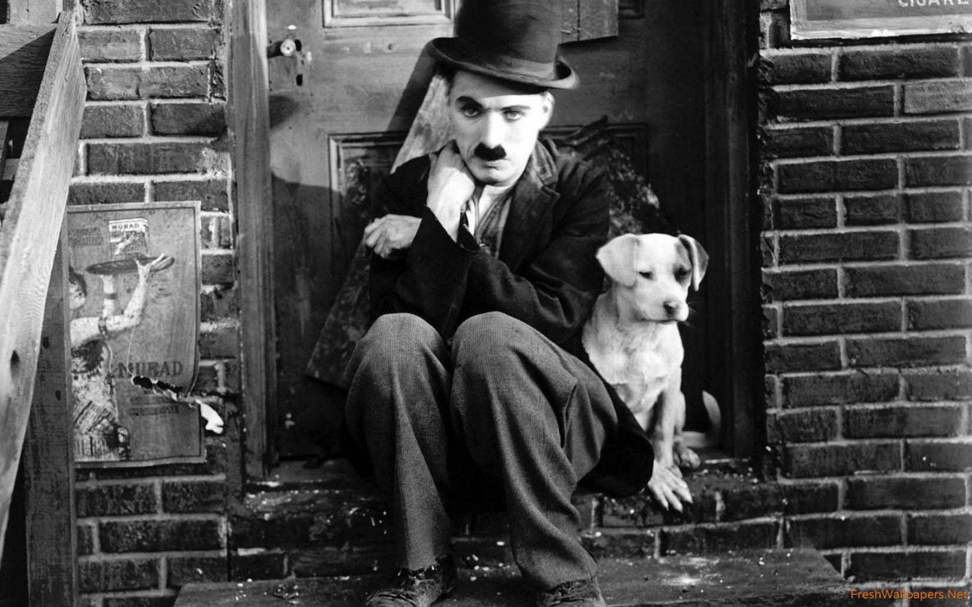 Charlie Chaplin Strikes A Pose With A Lucky Pup. Background