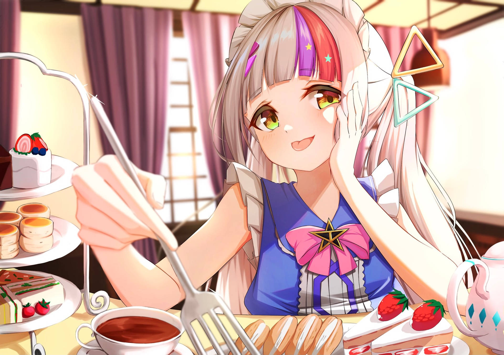 Charming Hololive Virtual Youtuber Enjoying Desserts Background