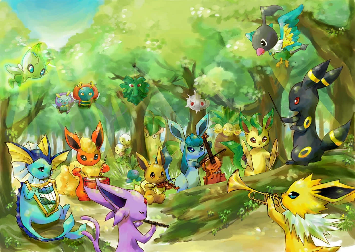 Chatot With Eevee's Evolutions In Forest